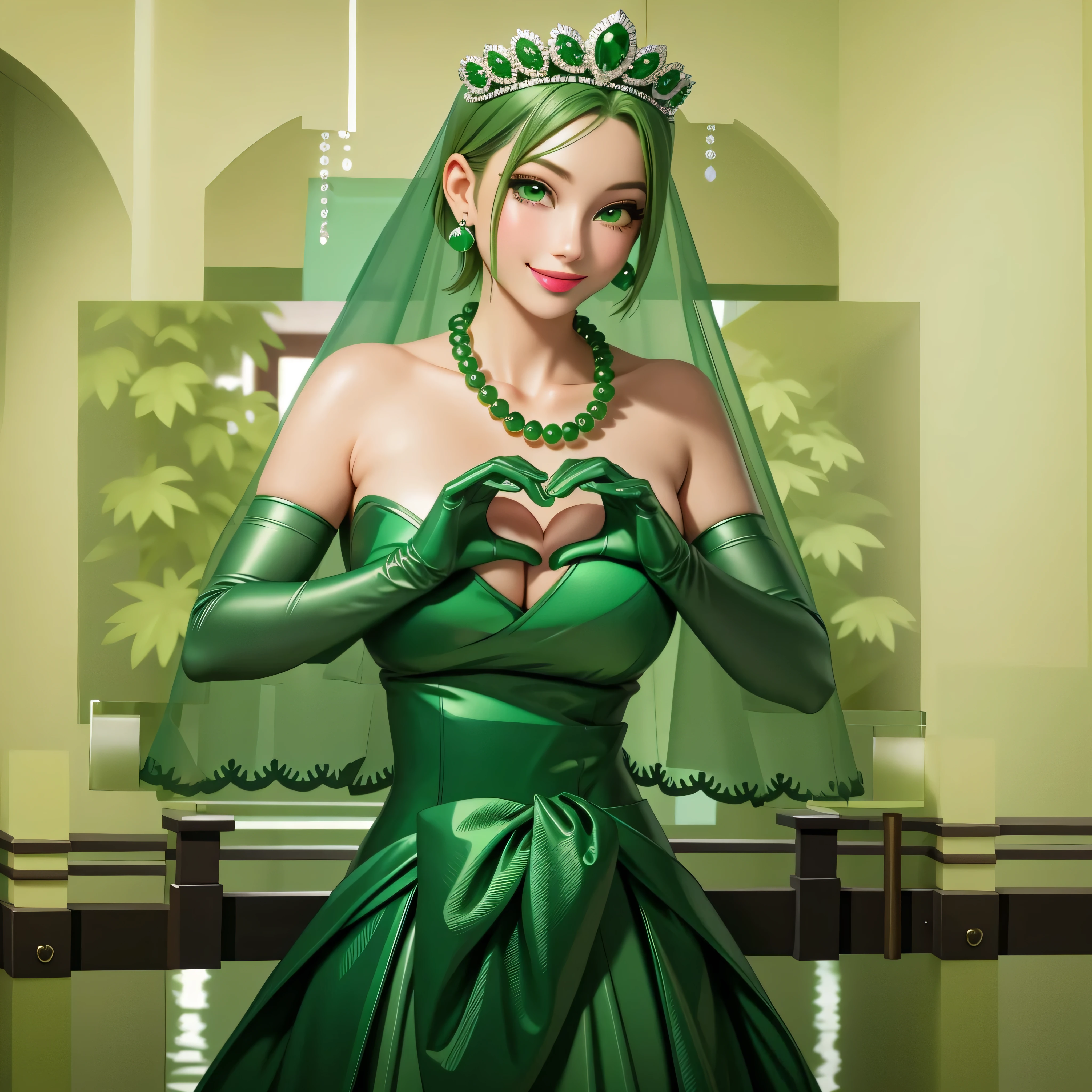 emerald tiara, Green Pearl Necklace, Boyish very short green hair, Green Lips, Smiling Japanese woman, Very short hair, Busty beautiful lady, Green Eyes, Green satin long gloves, Green Eyes, Emerald Earrings, Green veil, Heart with both hands, Green Hair, Beautiful Japanese Women, Heart shaped hands:1.3, green lip gloss