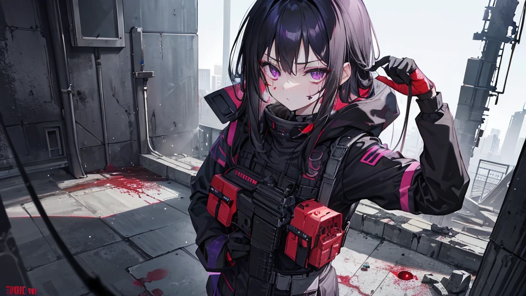 1girl, black long hair, purple eyes, glaring at viewer, wearing tactical gear, urban ruins, absurdres, high res, ultrasharp, 8K, masterpiece, blood on face, grime on face, blood on face, grime on face, mature looking, full body