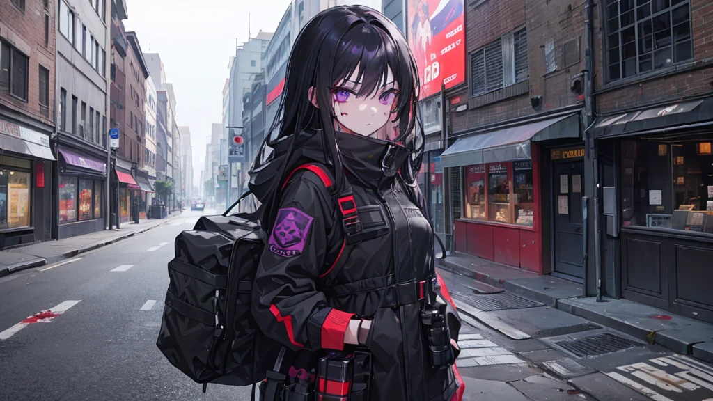 1girl, black long hair, purple eyes, glaring at viewer, wearing tactical gear, urban ruins, absurdres, high res, ultrasharp, 8K, masterpiece, blood on face, grime on face, blood on face, grime on face, mature looking, full body