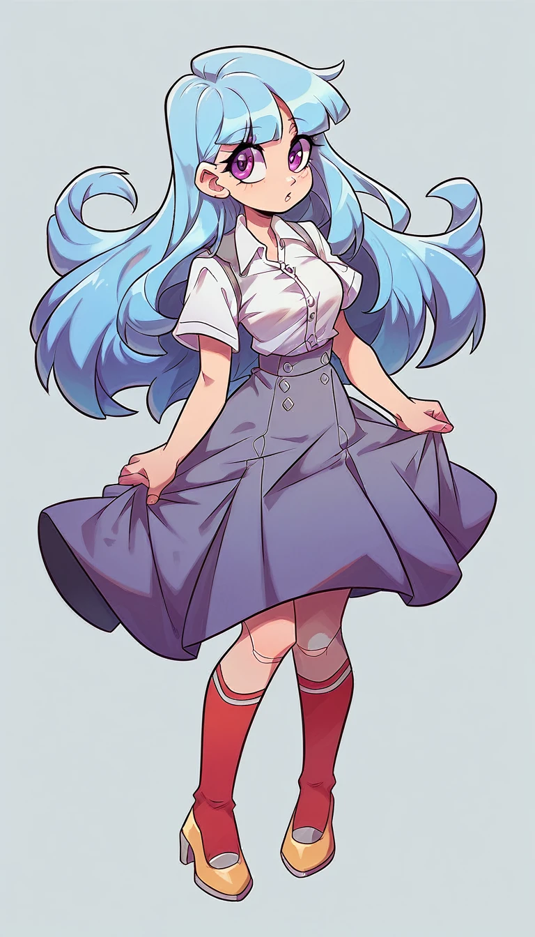 A cute teenage girl, beautiful beauty, big chest, long soft wavy light blue hair, her purple eye, wears a white button-down shirt, wearing a gray sleeveless button-down vest and a metallic purple skirt, pair of red socks, and yellow heels.