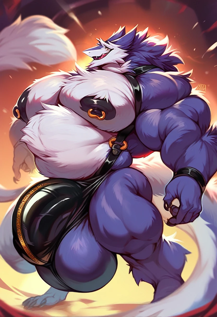 a giant gigantically muscular anthro sergal knight, pieces of shiny silver armour over a full body latex bodysuit, his gigantic hyper giant penis and balls bulge, shiny velvet fur, he has huge round pecs, , massive arms, big thick thighs, broad shoulders. hes wearing a black harness with super thick straps, belly , legs wide, small head, huge black glossy nipples pierced, big long tail, lots of gold jewellrry, surrounded by gold trinkets, muzzle tied shut with strap, dark dungeon, dynamic mischevious pose, side view, wide angle lens, by darkgem