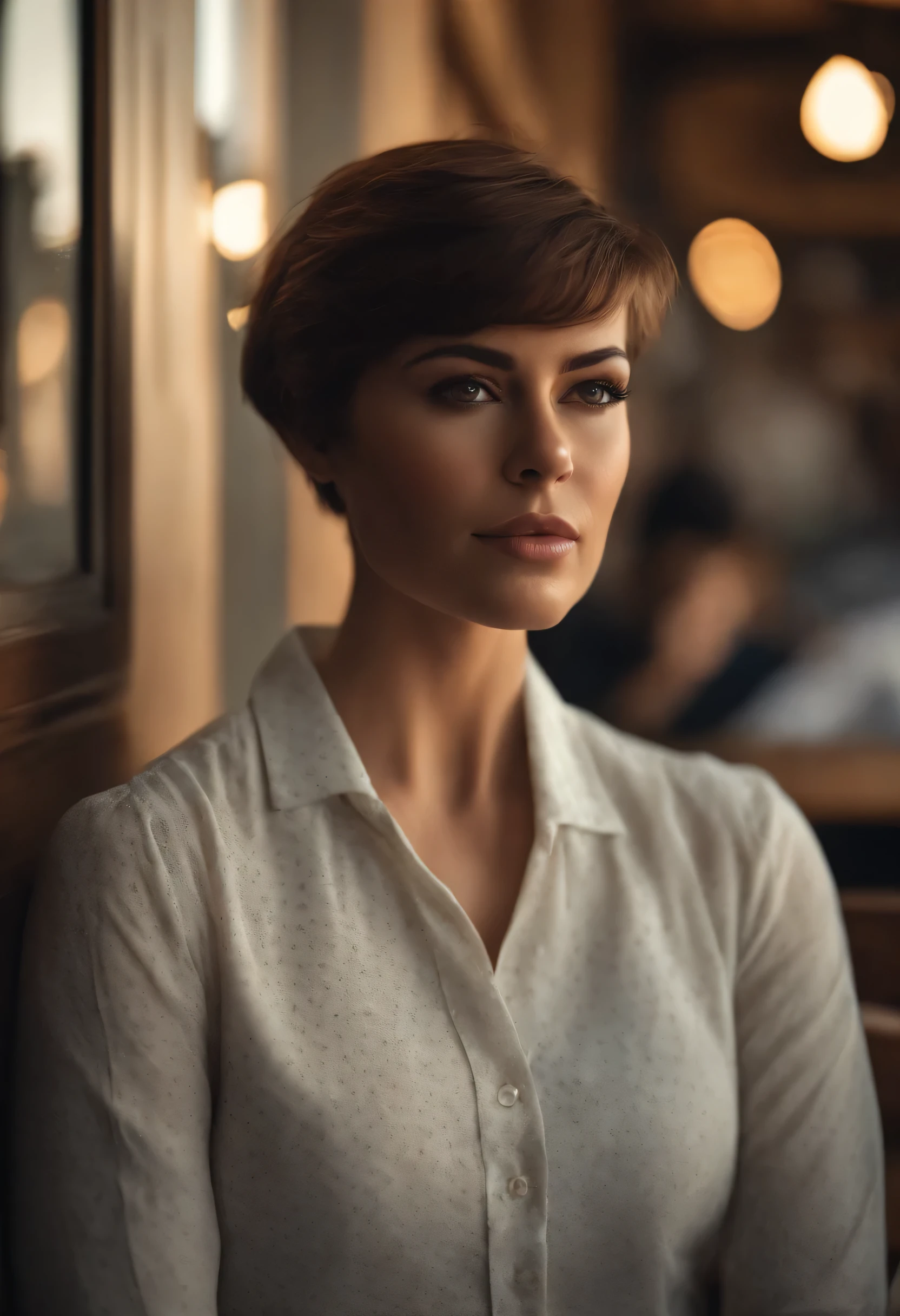 (8K, raw photos, best qualityer, master part: 1.2), (realisitic, fotorrealisitic: 1.37), ultra detali, 1 couple, standing alone, beautiful detailed sky, detailed café, natta, sitting down, (Blushing Nose), (sorrido: 1.1), (cloused mouth), medium breasts, beautiful detailed eyes, (neck shirt: 1.1), butterfly necktie, pleatedskirt, (shorth hair: 1.2), long hair, eat big ice cream,