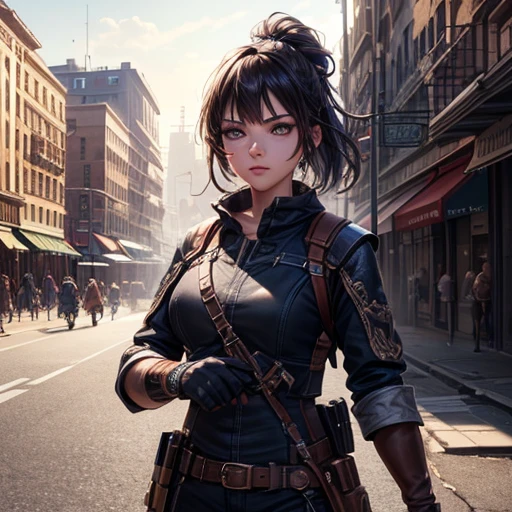(Highly detailed CG Unity 8k wallpaper),(masterpiece), (Highest quality), (Super detailed), (Best illustrations),(Best Shadow), Cowboy Shot, (Sharp eyeliner, eye shadow, Fine grain:1.1), (Urban Background:1.2), ,break , mod3 (Girls' Frontline), ,