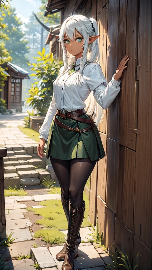 Features: An adventurous elf tennager girl, with elven ears, brown skin, dark skinned, a slightly curvy but still flat body and thin waist. She has bright green eyes, big eyes, snow white hair, medium length straight hair, twintail hair style, double ponytail hairstyle and curtain bangs. She has a neutral, apathetic expression on her face. Outfit: She wears black and white adventurer clothes. White coat with buttoned sleeves, a black and white striped shirt underneath, a medium-sized white skirt, a black belt, black pantyhose and brown leather high-boots. Scenario: A dense pine forest by day.