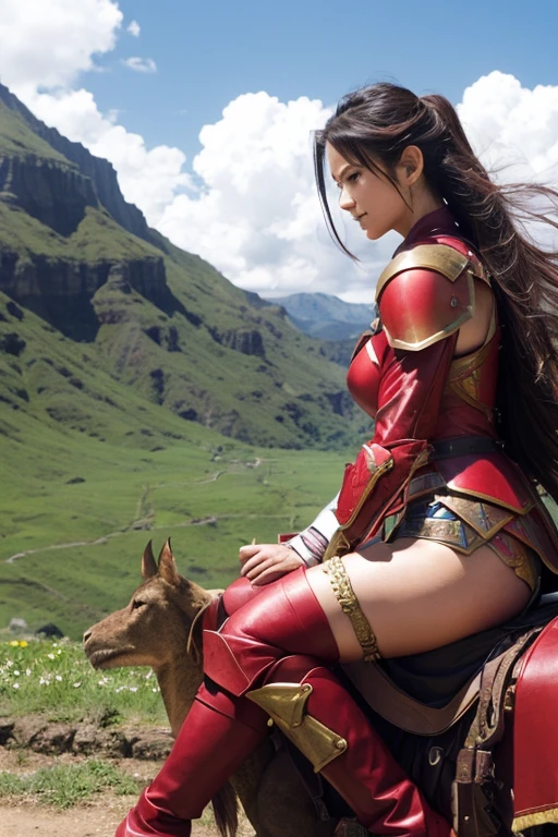 Dragon Quest 3、Woman warrior、Wearing tattered red armor、glamorous、Armor breakage、Wounded、Being ridden by a dragon、Crippling、HP1