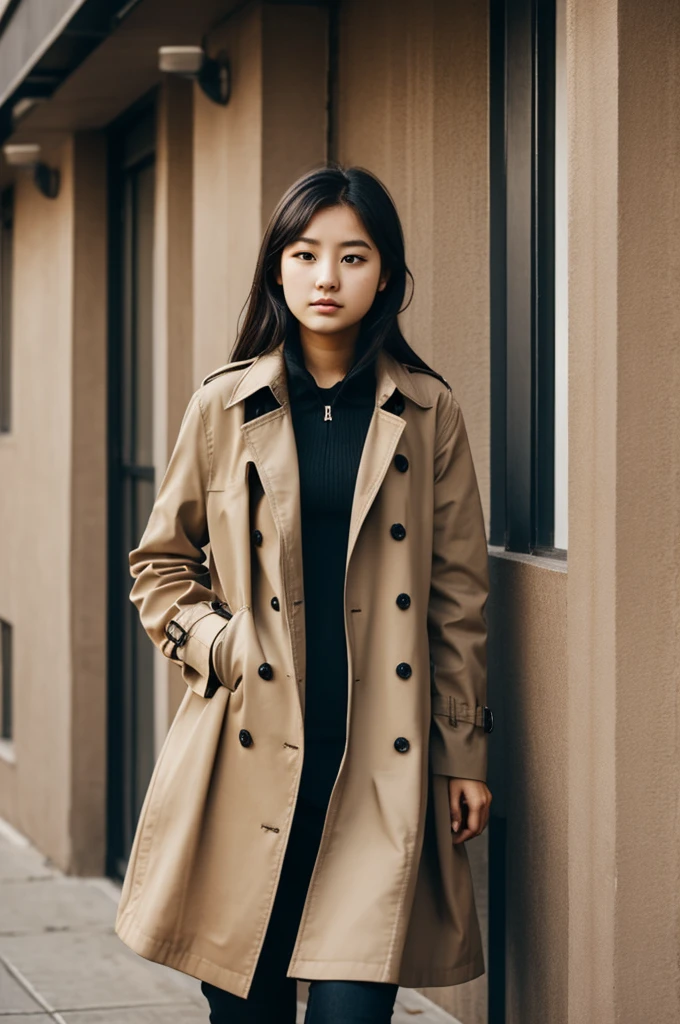 Girl 20 years old black hears in a beige Trenchcoat