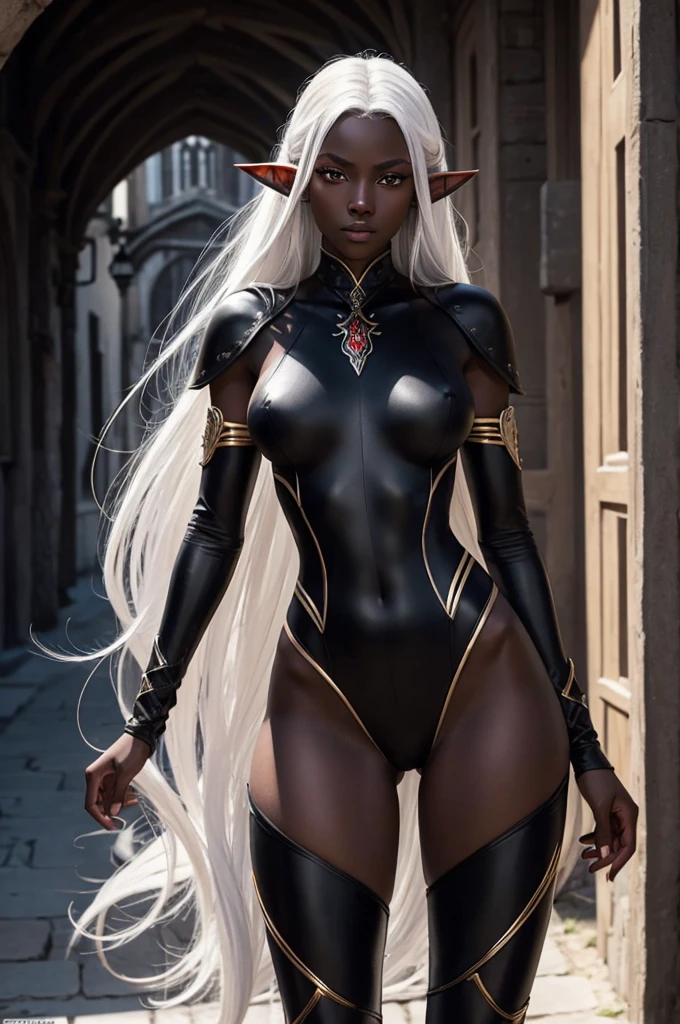 ((best quality)), ((masterpiece)),((detailed)), drow, dark elf, woman with white hair, red pupils, ((black skin)), focus on face, eighteen years old, sexy, sensual, long legs, athletic body, well-toned body, skinny body, fullbody, large breasts, open neckline, sexy black armor, skinny thighs, medium hair, long eyelashes, elf ears, black colored skin, sunny medieval town