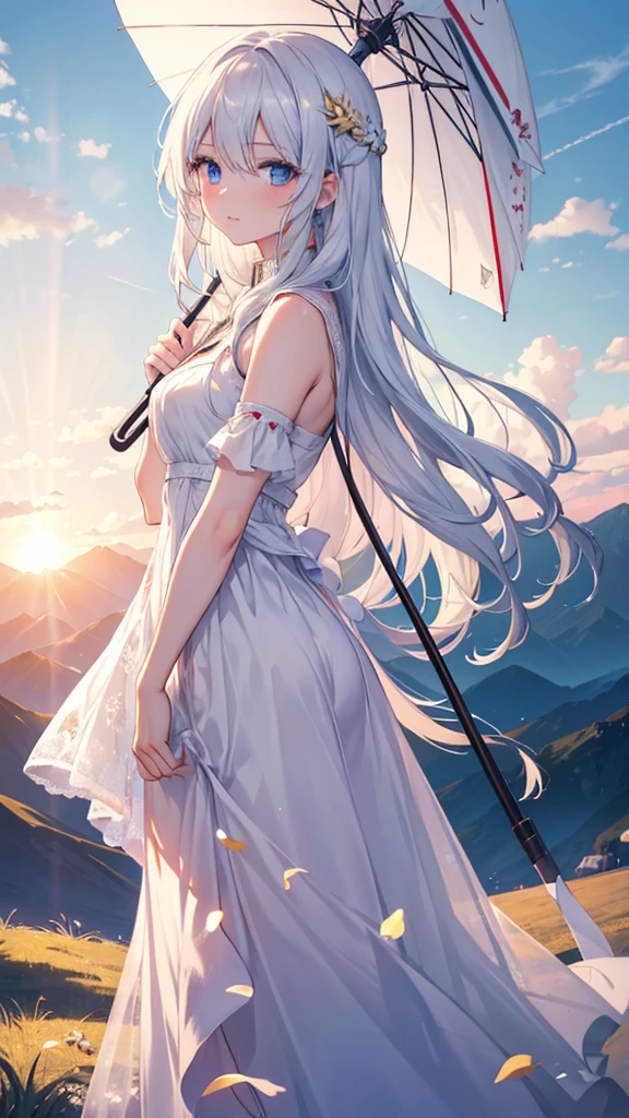 Masterpiece, highres, 1 girl, wallpaper. A young beautiful girl with white hair, white skin, blue eyes. She has long hair, her hair blows in the wind. She wears a red beautiful dress, looks at viewer and holds a long umbrella. A breathtaking landscape, with vibrant colors illuminating the sky. The sun is at high noon , casting golden rays across the landscape. The sky is a gradient of warm colors The entire scene is serene and majestic, capturing the beauty of the girl. The landscape is mountain