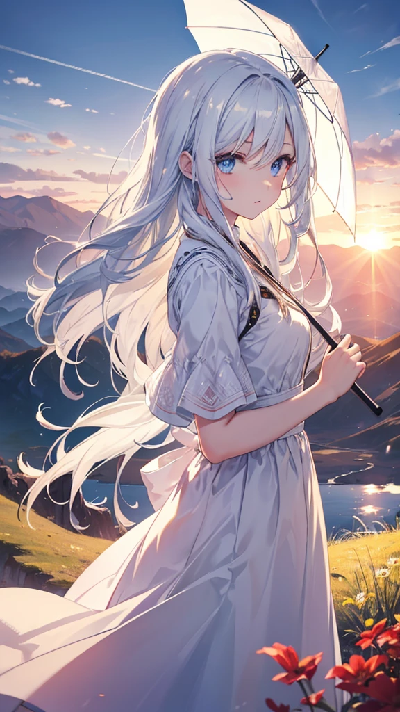 Masterpiece, highres, 1 girl, wallpaper. A young beautiful girl with white hair, white skin, blue eyes. She has long hair, her hair blows in the wind. She wears a red beautiful dress, looks at viewer and holds a long umbrella. A breathtaking landscape, with vibrant colors illuminating the sky. The sun is at high noon , casting golden rays across the landscape. The sky is a gradient of warm colors The entire scene is serene and majestic, capturing the beauty of the girl. The landscape is mountain