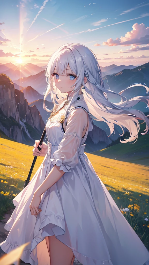 Masterpiece, highres, 1 girl, wallpaper. A young beautiful girl with white hair, white skin, blue eyes. She has long hair, her hair blows in the wind. She wears a red beautiful dress, looks at viewer and holds a long umbrella. A breathtaking landscape, with vibrant colors illuminating the sky. The sun is at high noon , casting golden rays across the landscape. The sky is a gradient of warm colors The entire scene is serene and majestic, capturing the beauty of the girl. The landscape is mountain