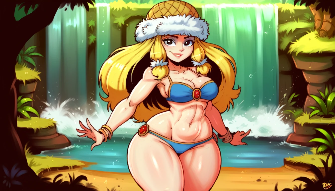 (masterpiece, best quality, Highly detailed, Highly detailed, High Quality, perfect quality, good quality, HDR, UHD), Score_9, score_8_up, score_7_up, score_6_up, 2d, RayNymph, (Helena_Headbasket), (((1girl, solo, alone))), (((yellow long hair, black eyes, wide hips, curvy))), light skin, looking at viewer, smile,
((( blue bikini ))),
sexy pose, dynamic pose, dynamic angle, cowboy shot,
outdoor, epic jungle forest, dark, waterfall,