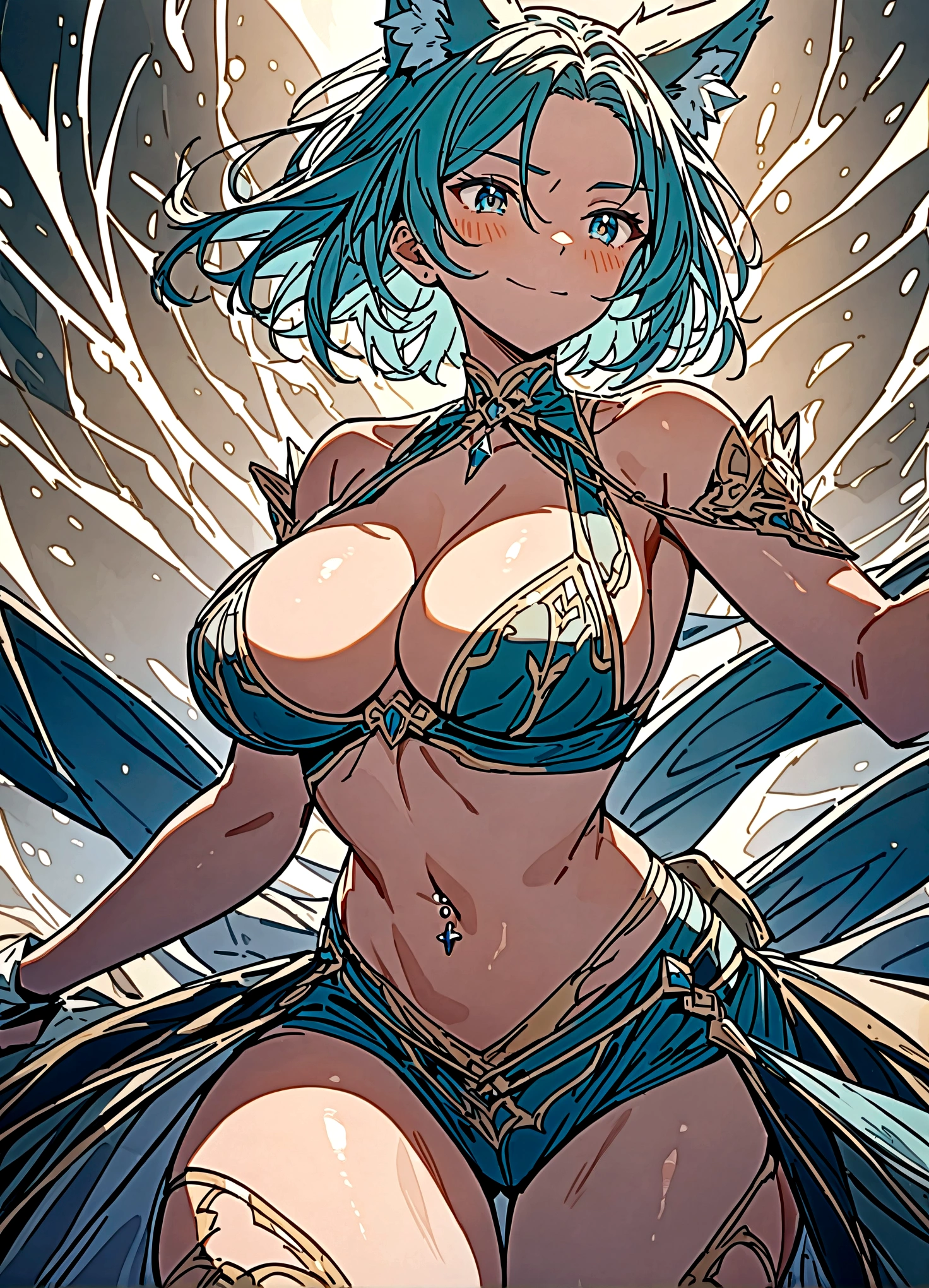 nsfw,(space action style), (Muted Tone), Delicate, Detail, Masterpiece,(colorful) illustration,(colorful) light particles, lens flare,
1girl, big breats,navel piercing,
sideboob,shoulders,cleavage,sideless,thighs,
Cowboy shot, close-up,from above,
dynamic angle, dynamic pose,
Artistic, memorable masterpieces, moments in history,(fantastical and mesmerizing scenery)
Watercolor:1.6, Delicate, Detail,
(masterpiece:1.2),(best quality:1.2),newest,intricate details,
fox ears, ear hair