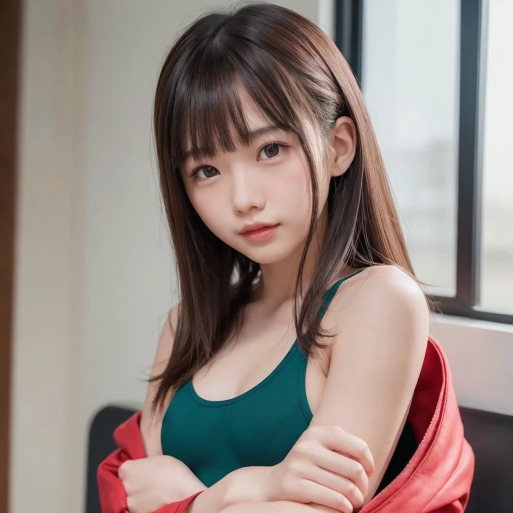 (((Beautiful girl small breasts))),10age、Happy expression、 Wearing a sturdy jacket, Long hair with a loose perm, ,Cyberpunk Red Green Background、(((Upper body naked))),,Young face,Thin lips、Young 、Sweaty,blunt bangs, hair over shoulder, hollow eyes, light smile, blush, depth of field, , feet out of frame, uhd, anatomically correct, best quality