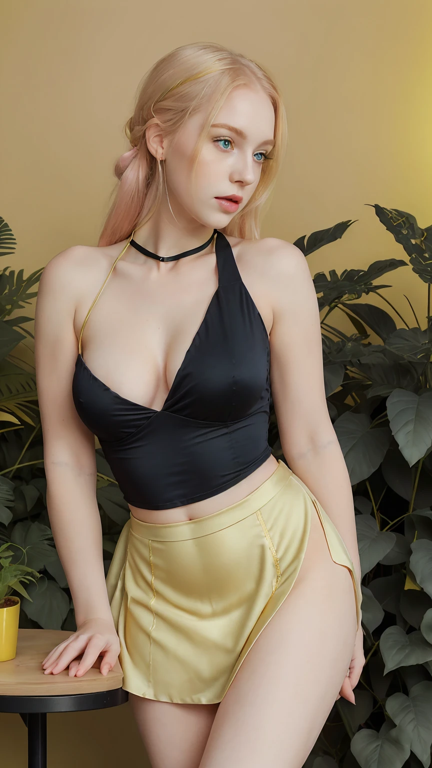 In this evocative fine art photograph by Claire-Thompson, captures a melancholic a Blonde bombshell curvy girl with her small rabbit. (Her pale skin glows softly, accentuating bold pink-lips, and piercing blue eyes)Stands amidst a dark modern-indoor setting at night. Dressed in a revealing outfit (A delicate, pastel pink dress(with a halter neck and flowing mini-skirt).
Accessories: Matching ribbon bow on the neck, ballet flats.
Adjusted for Blonde Curvy Girl: The soft fabric would drape beautifully over her large breasts and curvy figure, with the halter neck enhancing her bust. The pastel color complements her pale skin and blonde hair). Adjustment: The corset should have strong support for her bust and cinch her waist. The shorts should sit high on her hips., ((In her arms(she cradles a fluffy small-rabbit with gentle), surrounded by lush plants)). Dimlit, amidst a dark modern-indoor setting at night. To her right an antique chair with gold upholstery, and (natural flowers with carrots)-on a small table, she is surrounded by a lush plants, (((in a black/green/yellow/ accents in gold colors palette))):