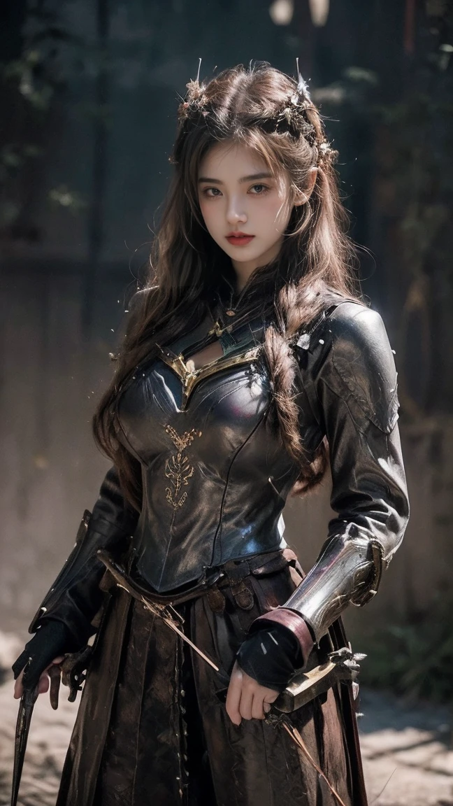 21yo girl,(wearing iron suit),(viking suit),(wearing viking suit),(crossbow), (holding cossbow), (hold crossbow),natural big breast, plump body,single sidelock hairpin blush modern cinematic lighting,ray tracing,drop shadow wide shot UHD,textured skin,high details,best quality 4K