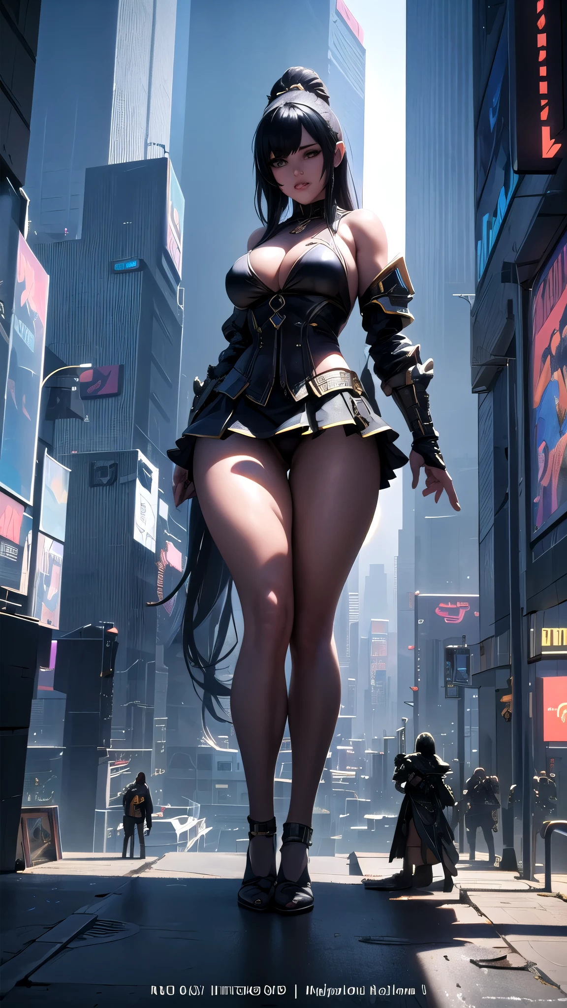 Hyperrealistic version of a woman giant. A giant woman in a bikini lying on top of a cyberpunk city, Little guys running around the giant girl, Standing on her hand, cgsociety 9, 2. 5 d cgi fantasy art, engine rendering unreal + a goddess, full body cgsociety, artgerm ; Hyper realistic 3d content, giant art, super detailed 3d matte paintings, super detailed 3d matte paintings, realistic fantasy art, realistic 3 d anime style. Beautiful girl. Big thighs."The little people stood on the top of a high-rise building waving to the girl".Wear short skirts.