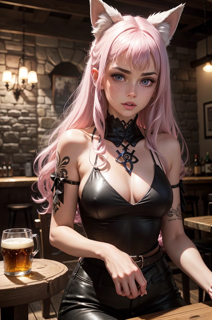 Seated at table slouching with head resting on her crossed arms resting on the table. Front view exhausted fatigued looking beautiful athletic white 22 year old woman-fox hybrid. Big pink and white fox ears on head. Soft round face with dimples. Looks weary and tired glazed over look staring into the distance. Very messy unkempt long white hair with pink highlights messy bangs in center of face. Tattoos on her arms. A handled brown mug with beer foam on top in front of her and a full shot glass of whiskey and three empty shot glasses next to her. Closing big bright sparkling almond shaped illuminated violet colored eyes. arched furrowed eyebrows. Small upturned nose with high cheekbones with freckles on face. Small pouty soft pink lips with mouth open slightly. Wearing small black and red top. Black and red leather pants. Scene is a rustic Celtic bar daylight with candelabras lit attached to stone wall in background. Vines growing on walls.