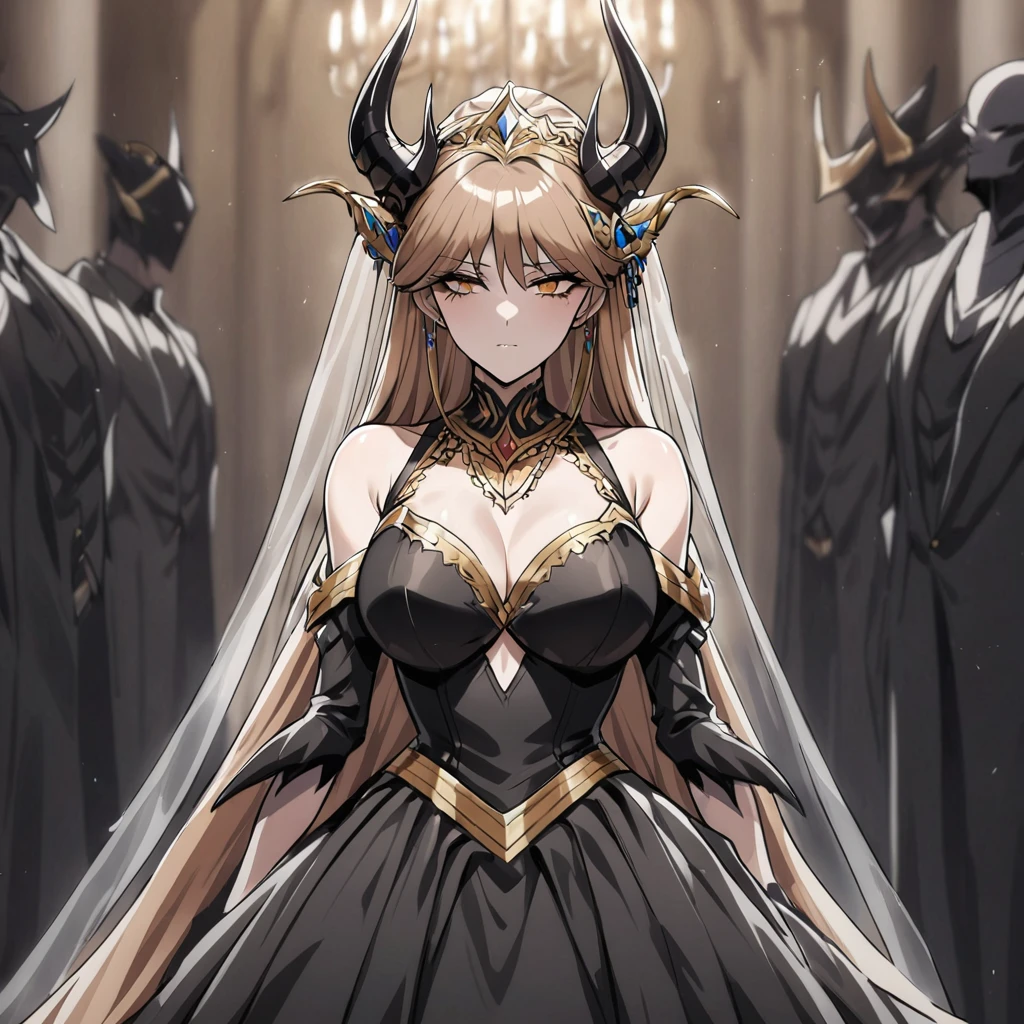 ((Highest quality)), ((masterpiece)), (detailed), (Perfect Face)、The woman is Princess Leona, a demon, who is having a wedding ceremony with the Demon King. She has medium-long light brown hair and is wearing a gorgeous black wedding dress decorated with gold and a black wedding veil. She is having a wedding ceremony with a man who is the Demon King of a dignified evil organization.、Women are brainwashed, expressionless, and have no highlights in their eyes.、The woman is getting married to a powerful demon king of an evil organization.、The powerful demon king of the evil organization embraces the woman.