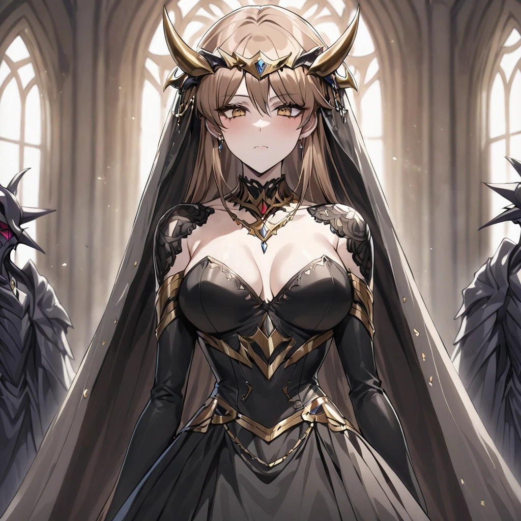 ((Highest quality)), ((masterpiece)), (detailed), （Perfect Face）、The woman is Princess Leona, a demon, who is having a wedding ceremony with the Demon King. She has medium-long light brown hair and is wearing a gorgeous black wedding dress decorated with gold and a black wedding veil. She is having a wedding ceremony with a man who is the Demon King of a dignified evil organization.、Women are brainwashed, expressionless, and have no highlights in their eyes.、The woman is getting married to a powerful demon king of an evil organization.、The powerful demon king of the evil organization embraces the woman.