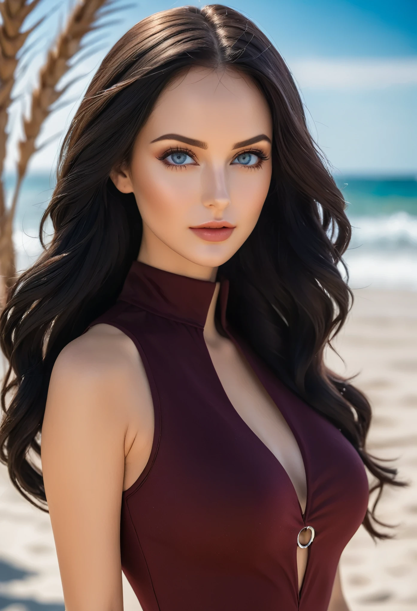 (masterpiece, professional photo:1.2), (8k, high resolution), women, caucassian, heterochromia, (long tight twisted (dark colored hair)), sexy curve, beautiful face, (mock neck one piece (with keyhole), (gray colored):1.2), sexy goddess, street, old beach side build, high quality image, full body photo,Extremely Realistic