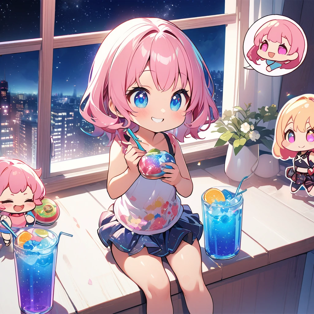 masterpiece、Highest quality、Depth of subject、2D illustration、1 beautiful girl、独奏, (((chibi style)))、((night)), ((window)), ((starry sky)), Long, beautiful hair、Shiny pink hair、cute、Beautifully detailed eyes、((Tank top))、a glass of blue soda, ((colorful))、mini skirt、((happy smile))、((Canned Chuhai)), ((close up shot))、((eating beefsteak)), ((in the room))、((There's a lot of pink around))、Thighs、((vivid color))、sparkle、((Lens flare))、