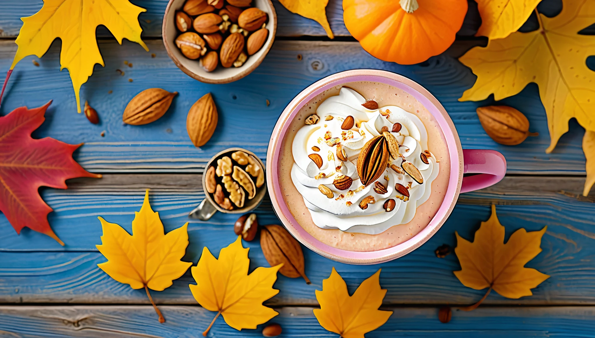 Create an image of a cozy autumn setting featuring a pink textured mug filled with a creamy beverage, topped with whipped cream and a sprinkle of cinnamon. The mug is surrounded by an array of autumn leaves in various shades of orange, yellow, and brown, as well as nuts like walnuts and almonds scattered on a rustic blue wooden surface. The warm tones and the inviting composition evoke the essence of fall.