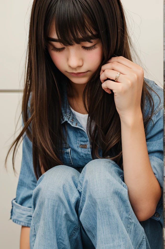 Create a girl hiding his face with hand


