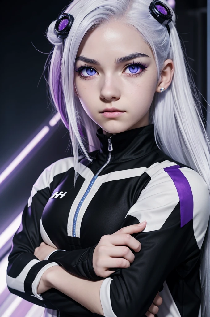 Boku no hero academia capture, girl with pale white skin., with piercing purple eyes and long eyelashes, half black and half white hair, with a look of crossed arms superiority in a black and blue hero suit at the UA