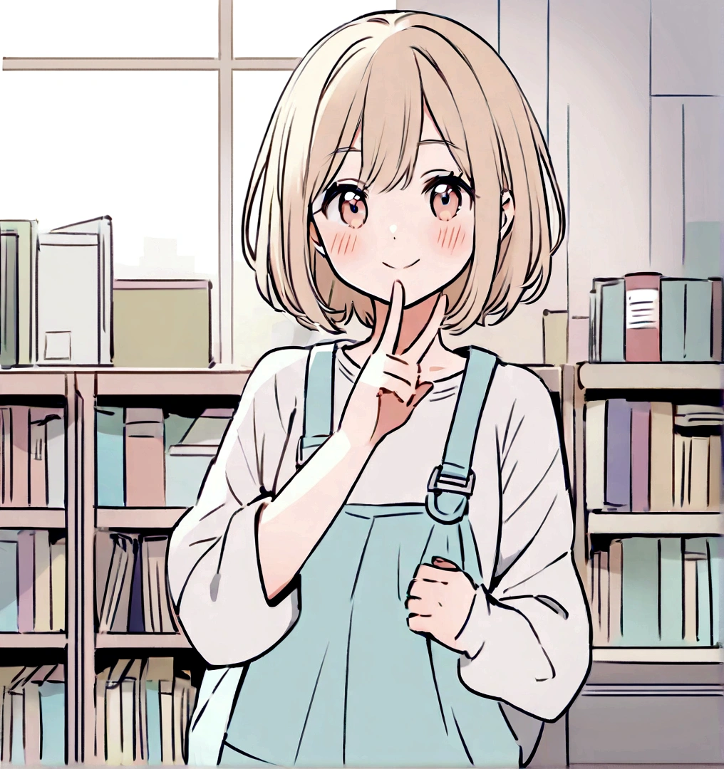 Create an anime-style illustration of a young girl with long, light brown hair and a soft smile, standing indoors. She is making a peace sign with her right hand and has a blush on her cheeks. The background should depict a light-filled room with office elements such as desks, shelves, and papers. The girl is wearing a white shirt with a light grey sweater over it. The overall color palette should be soft and pastel, with gentle shading and highlights to give the image a warm and inviting feel.