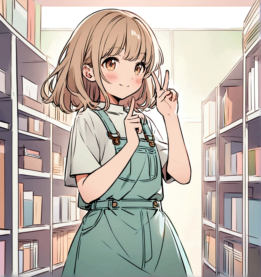 Create an anime-style illustration of a young girl with long, light brown hair and a soft smile, standing indoors. She is making a peace sign with her right hand and has a blush on her cheeks. The background should depict a light-filled room with office elements such as desks, shelves, and papers. The girl is wearing a white shirt with a light grey sweater over it. The overall color palette should be soft and pastel, with gentle shading and highlights to give the image a warm and inviting feel.