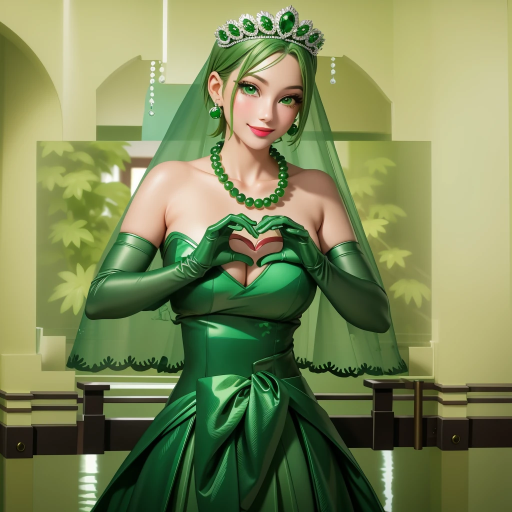 Emerald tiara, Green Pearl Necklace, ボーイッシュな非常に短いGreen Hair, Green Lips, Smiling Japanese woman, Very short hair, Busty beautiful lady, Green Eyes, Green satin long gloves, Green Eyes, Emerald Earrings, Green veil, Heart with both hands, Green Hair, Beautiful Japanese Women, Heart shaped hands:1.3, green lip gloss