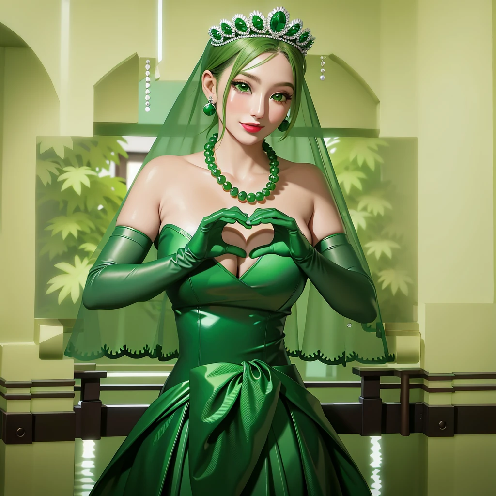 Emerald tiara, Green Pearl Necklace, ボーイッシュな非常に短いGreen Hair, Green Lips, Smiling Japanese woman, Very short hair, Busty beautiful lady, Green Eyes, Green satin long gloves, Green Eyes, Emerald Earrings, Green veil, Heart with both hands, Green Hair, Beautiful Japanese Women, Heart shaped hands:1.3, green lip gloss