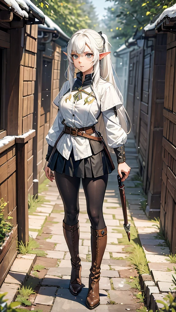 Features: An adventurous elf tennager girl, with elven ears, brown skin, a slightly curvy but still flat body and thin waist. She has bright golden eyes, big eyes, snow white hair, medium length straight hair, twintail hair style, double ponytail hairstyle and curtain bangs. She has a neutral, apathetic expression on her face. Outfit: She wears black and white adventurer clothes. White coat with buttoned sleeves, a black and white striped shirt underneath, a medium-sized white skirt, a black belt, black pantyhose and brown leather high-boots. Scenario: A dense pine forest by day.

