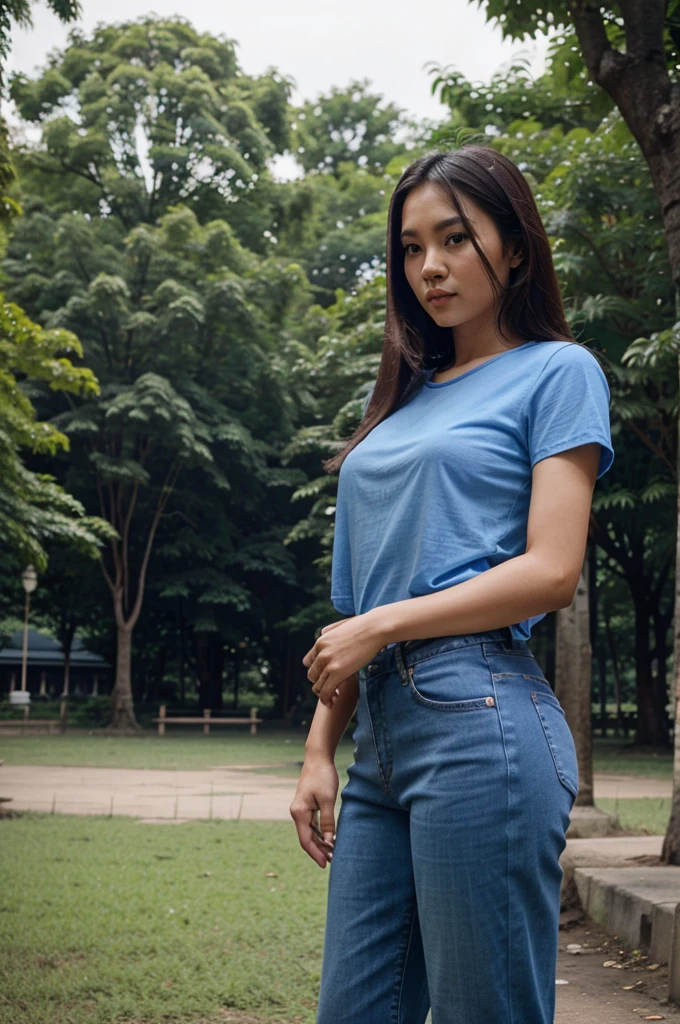 Beautiful Thai woman with long straight hair,wear a blue t-shirt and trousers 3/4 jeans, standing in a park 