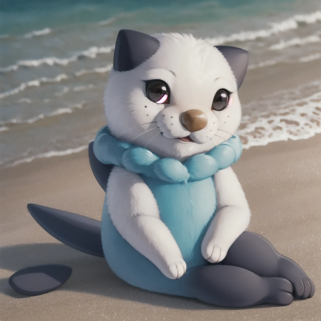 oshawott,no humans, furry, chibi, black eyes, solo, seashell, body fur, (best quality), beach background, detailed fluffy fur, looking at viewer, whiskers, smile, nose, (tail:1.1),