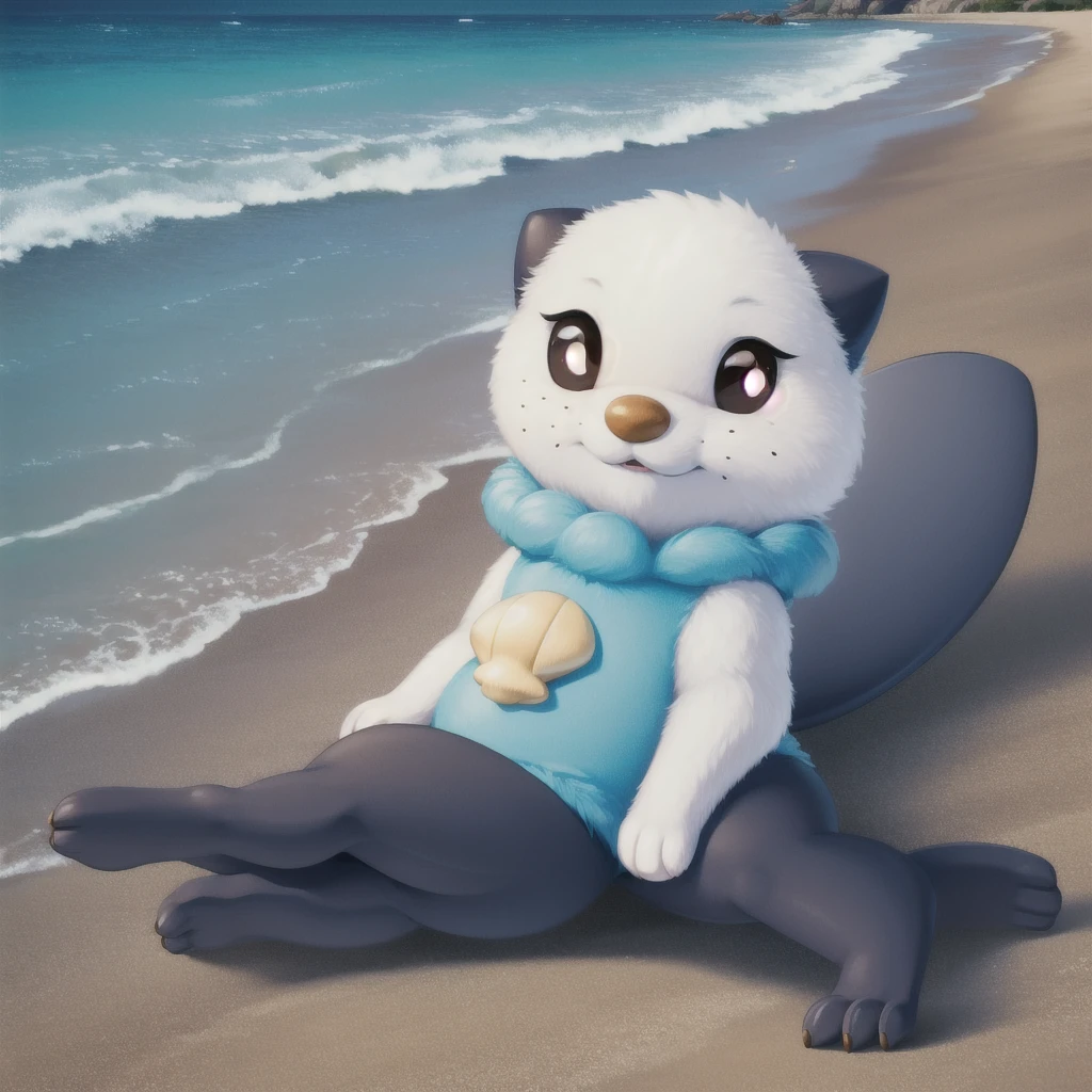 oshawott,no humans, furry, chibi, black eyes, solo, seashell, body fur, (best quality), beach background, detailed fluffy fur, looking at viewer, whiskers, smile, nose, (tail:1.1),