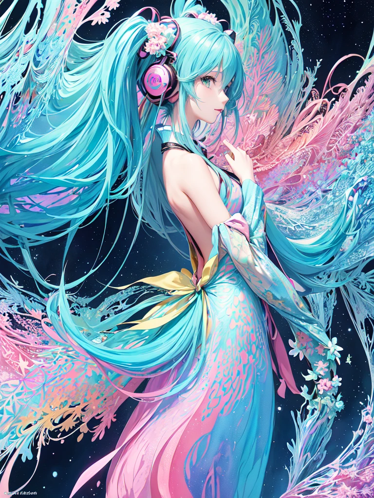 Hatsune miku, (masterpiece, top quality, best quality,watercolor (medium),official art, beautiful and aesthetic:1.2), (fractal art:1.3),upper body, from side, looking at viewer,patterns,(rainbow color Hair,colorful hair,half blue and half pink hair:1.2),water,liquid, cloud,colorful, starry,stars