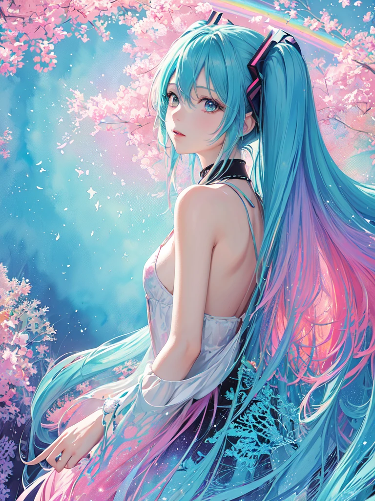 Hatsune miku, (masterpiece, top quality, best quality,watercolor (medium),official art, beautiful and aesthetic:1.2), (fractal art:1.3),upper body, from side, looking at viewer,patterns,(rainbow color Hair,colorful hair,half blue and half pink hair:1.2),water,liquid, cloud,colorful, starry,stars