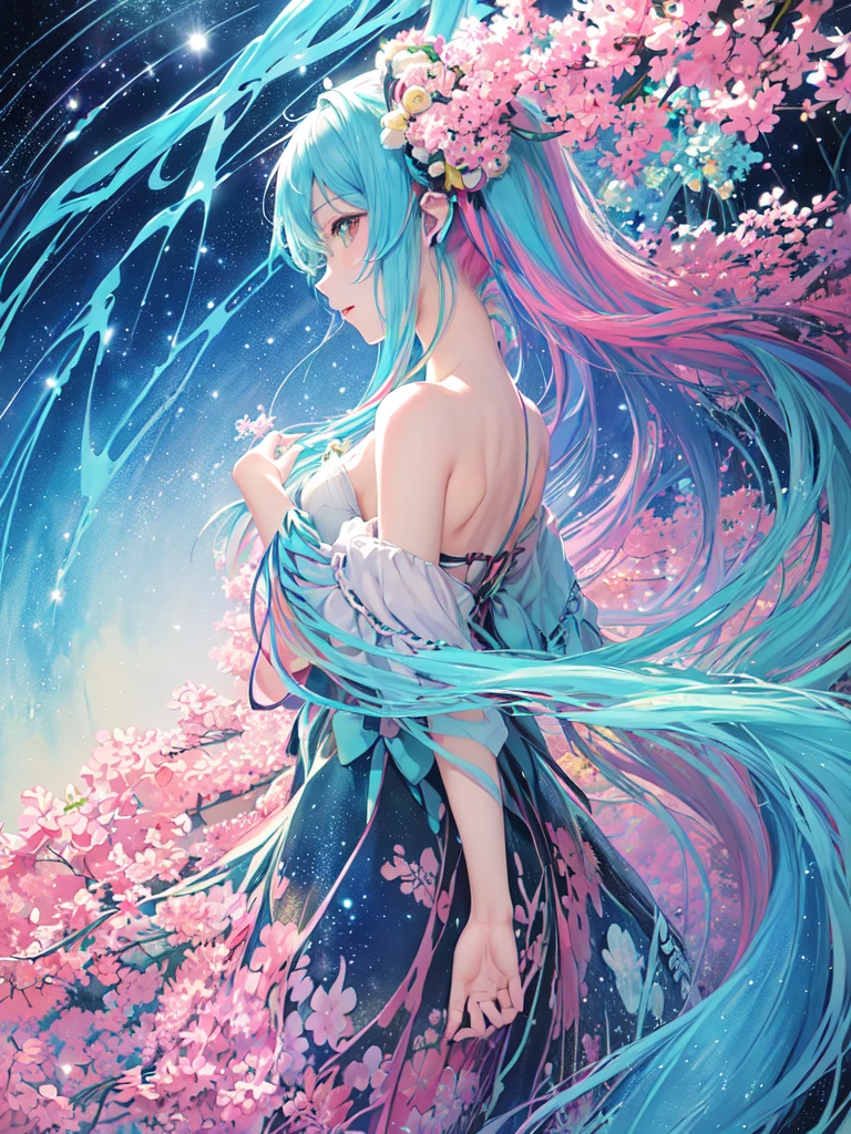Hatsune miku, (masterpiece, top quality, best quality,watercolor (medium),official art, beautiful and aesthetic:1.2), (fractal art:1.3),upper body, from side, looking at viewer,patterns,(rainbow color Hair,colorful hair,half blue and half pink hair:1.2),water,liquid, cloud,colorful, starry,stars