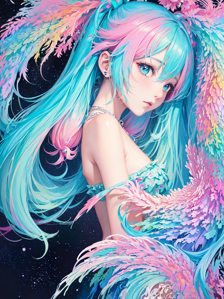Hatsune miku, (masterpiece, top quality, best quality,watercolor (medium),official art, beautiful and aesthetic:1.2), (fractal art:1.3),upper body, from side, looking at viewer,patterns,(rainbow color Hair,colorful hair,half blue and half pink hair:1.2),water,liquid, cloud,colorful, starry,stars