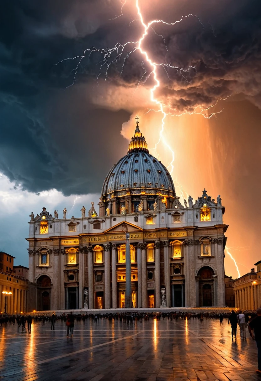 A dramatic, cinematic rendered in bold, hyper-realistic detail, grasping the Vatican Cathedral in a divine reckoning, as electrifying bolts of orange-hued lightning erupt from His fingers, illuminating the dark, stormy sky, with the Cathedral's grand dome and sprawling architecture bathed in an ethereal, golden light, evoking a sense of awe-inspiring, celestial fury, with deep, foreboding shadows accentuating the scene's epic scale and mythical proportions, captured with striking clarity and depth.