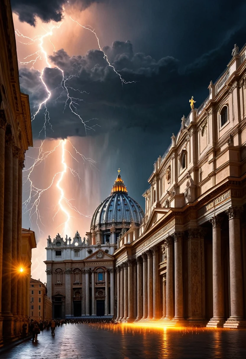  A dramatic, cinematic  rendered in bold, hyper-realistic detail, grasping the Vatican Cathedral in a divine reckoning, as electrifying bolts of orange-hued lightning erupt from His fingers, illuminating the dark, stormy sky, with the Cathedral's grand dome and sprawling architecture bathed in an ethereal, golden light, evoking a sense of awe-inspiring, celestial fury, with deep, foreboding shadows accentuating the scene's epic scale and mythical proportions, captured with striking clarity and depth. 