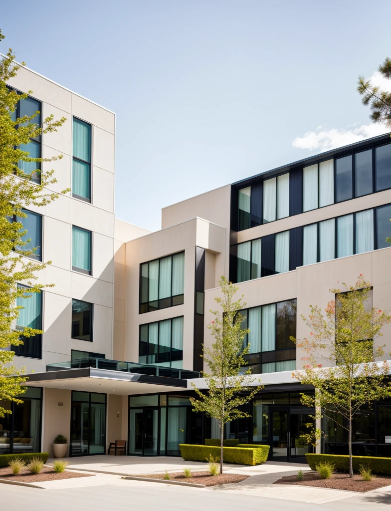 exterior of hotel, contemporary style, inspired of Norman Forster, glass with steel frame facade, 5 stars hotel design, beautiful landscape,
 RAW photo, 8k uhd, dslr, soft lighting, high quality, film grain, Fujifilm XT3,masterpiece,