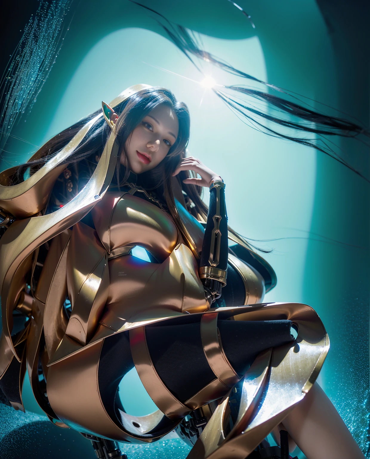 Super Detail, High Detail, high quality, best quality, High resolution，1 female robot，Beautiful female robot,beautiful clear face(Rain waves_haneame：1.5)， Mechanical body(Smooth metal surface，armor，Mechanical seams of skin，beautiful body curves)，Mechanical body structure,High-tech all over the body(mecha armor : 1.5)，Streamlined mechanical armor (Relatively thick，Highlight breast curves),Mechanical parts damage