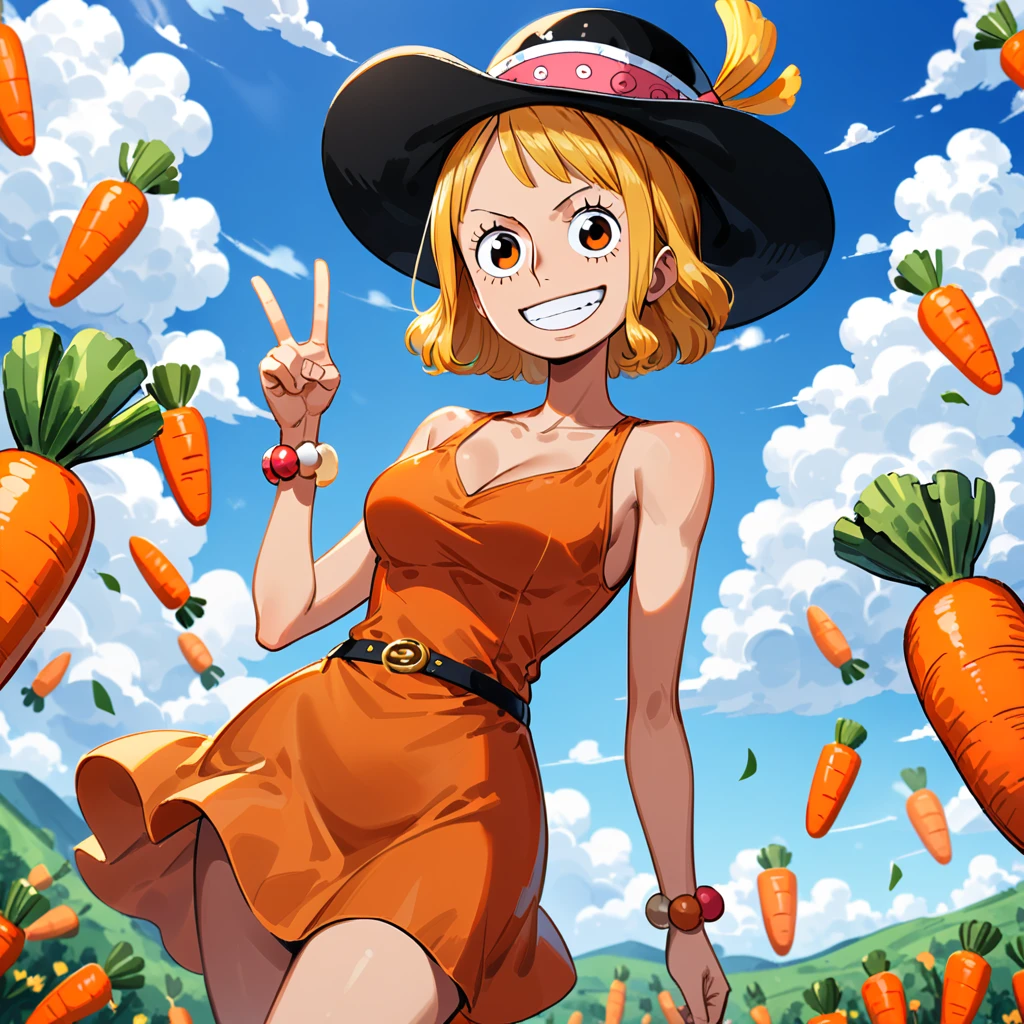 Carrot, from One Piece, left, smiling, wearing a black hat and orange dress, with a blue sky and clouds in the background, ((medium quality)), ((medium quality))