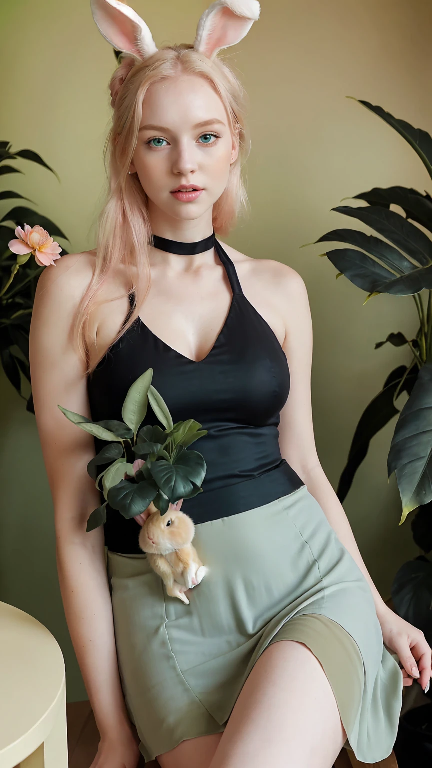 In this evocative fine art photograph by Claire-Thompson, captures a melancholic a Blonde bombshell curvy girl with her small rabbit. (Her pale skin glows softly, accentuating bold pink-lips, and piercing blue eyes)Stands amidst a dark modern-indoor setting at night. Dressed in a revealing outfit (A delicate, pastel pink dress(with a halter neck and flowing mini-skirt). Accessories: Matching ribbon bow on the neck, ballet flats. Adjusted for Blonde Curvy Girl: The soft fabric would drape beautifully over her large breasts and curvy figure, with the halter neck enhancing her bust. The pastel color complements her pale skin and blonde hair). Adjustment: The corset should have strong support for her bust and cinch her waist. The shorts should sit high on her hips., ((In her arms(she cradles a fluffy small-rabbit with gentle), surrounded by lush plants)). Dimlit, amidst a dark modern-indoor setting at night. To her right an antique chair with gold upholstery, and (natural flowers with carrots)-on a small table, she is surrounded by a lush plants, (((in a black/green, accents in gold colors palette))):