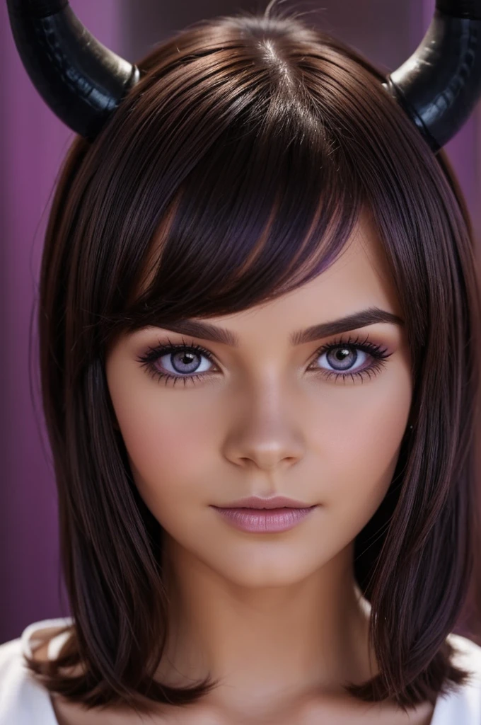 Generate me a girl with a bob ( Brown hair) very small black horns just above the forehead and purple eyes
