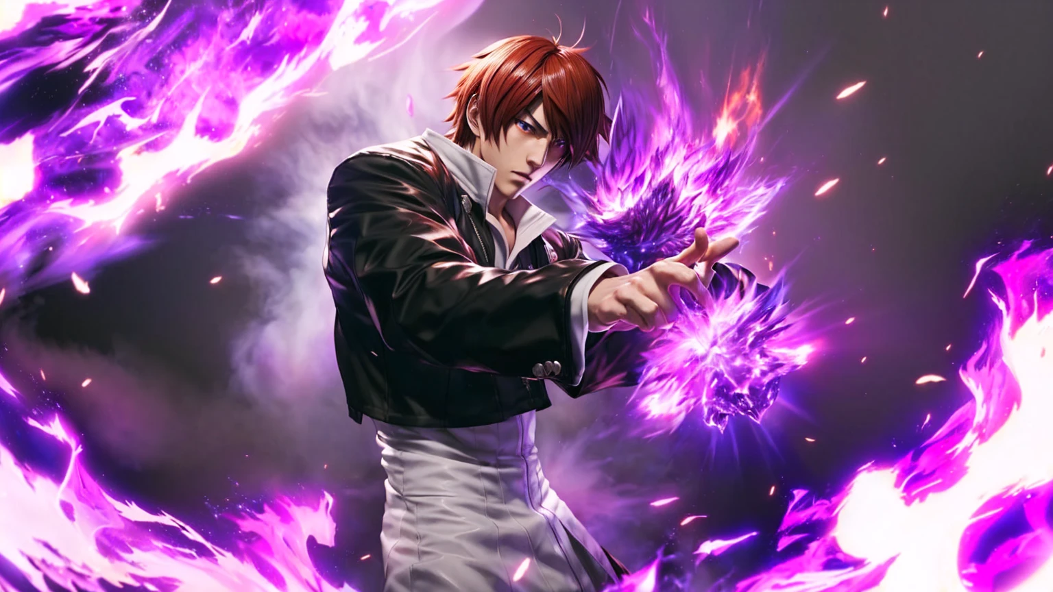 anime, anime, anime art, guy, purple, fire, guy with purple fire, king of fighters style, character from king of fighters, yagami light, as a character in tekken, light yagami, baki style, epic anime style, by Daryush Shokof, fighting game character, shigenori soejima illustration