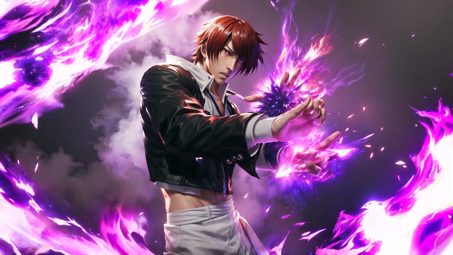 anime, anime, anime art, guy, purple, fire, guy with purple fire, king of fighters style, character from king of fighters, yagami light, as a character in tekken, light yagami, baki style, epic anime style, by Daryush Shokof, fighting game character, shigenori soejima illustration