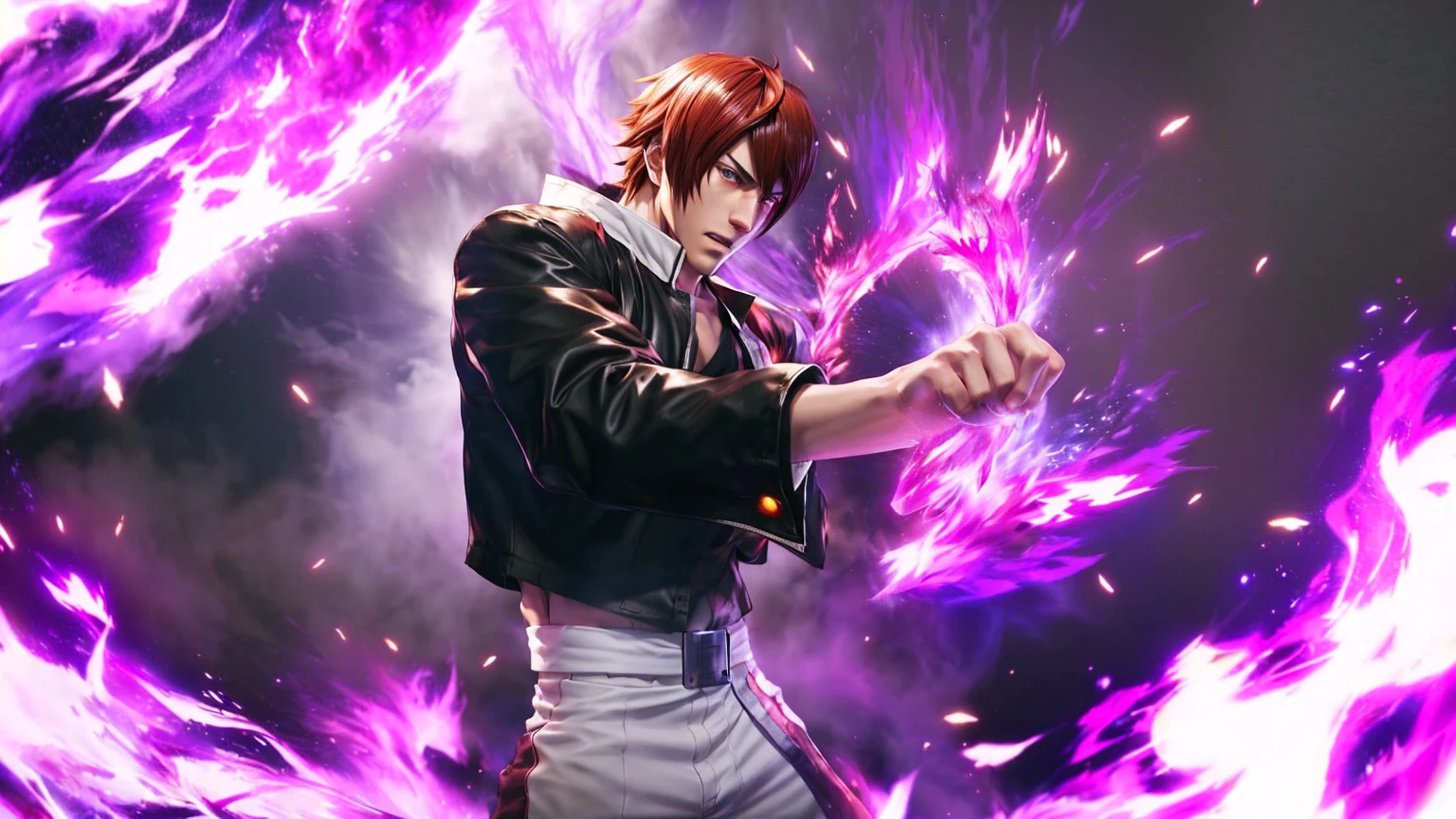 anime, anime, anime art, guy, purple, fire, guy with purple fire, king of fighters style, character from king of fighters, yagami light, as a character in tekken, light yagami, baki style, epic anime style, by Daryush Shokof, fighting game character, shigenori soejima illustration